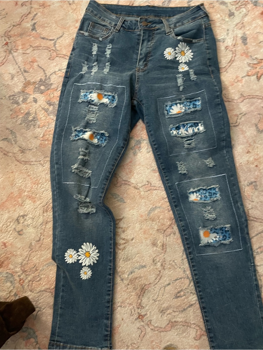 Dark Wash Daisy Patch Distressed Jeans